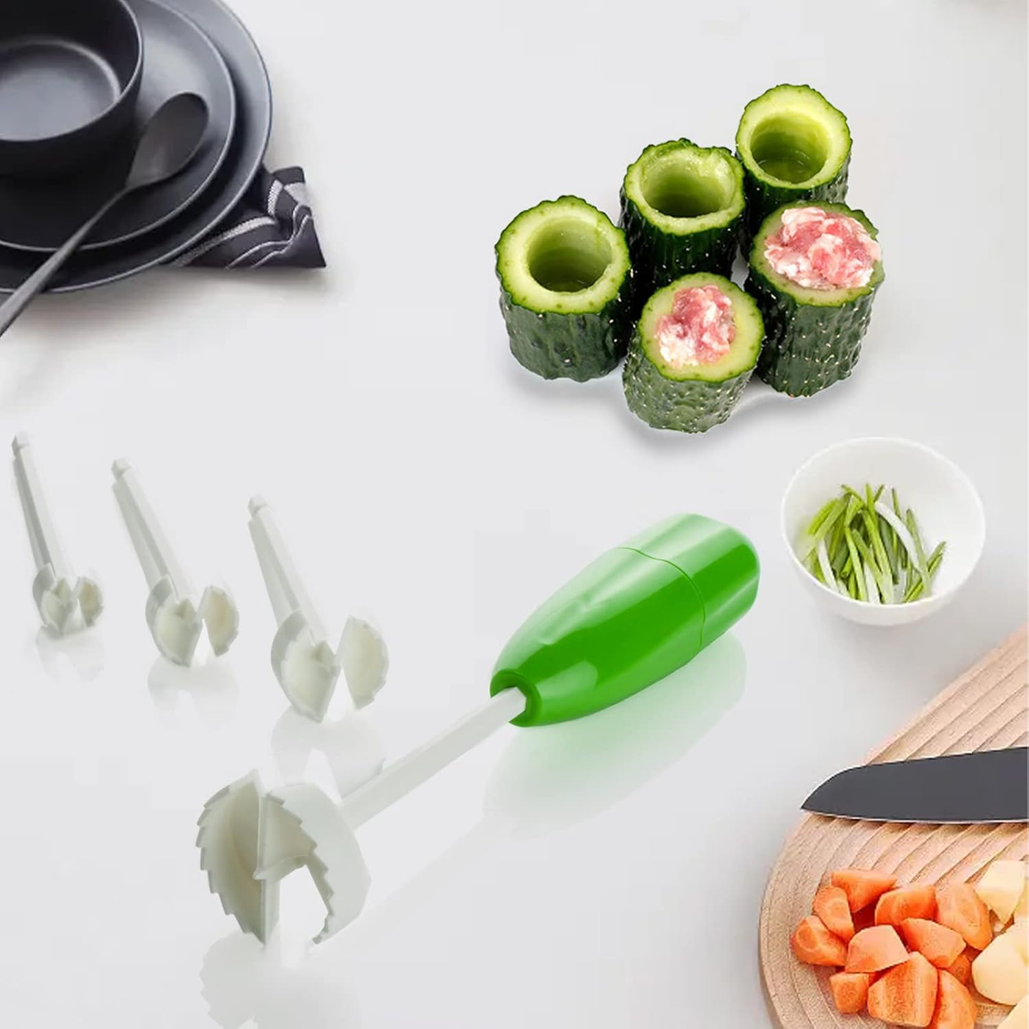 Zucchini Pumpkin Eggplant Vegetable Coring Tool 4-Piece Set with Replaceable Sizes - Kitchen Filling Seeder for Cucumber and Long Vegetables image number 4
