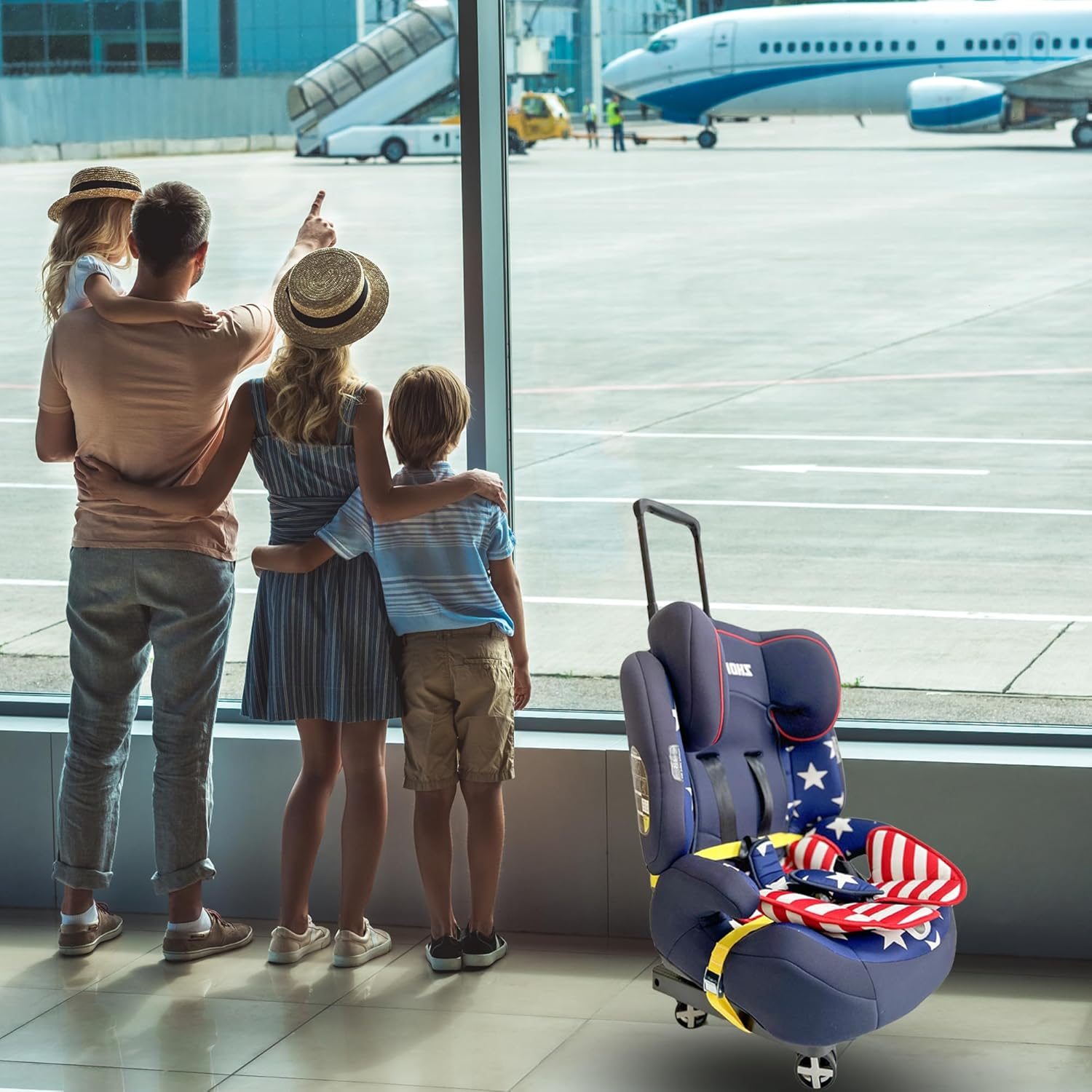 Car Seat Dolly for Airport - Car Seat Roller Cart Wheels for Airplane - Car Seat Travel Cart Carrier Strap Backpack Trolley Foldable Trolley Luggage Cart (Yellow) image number 4