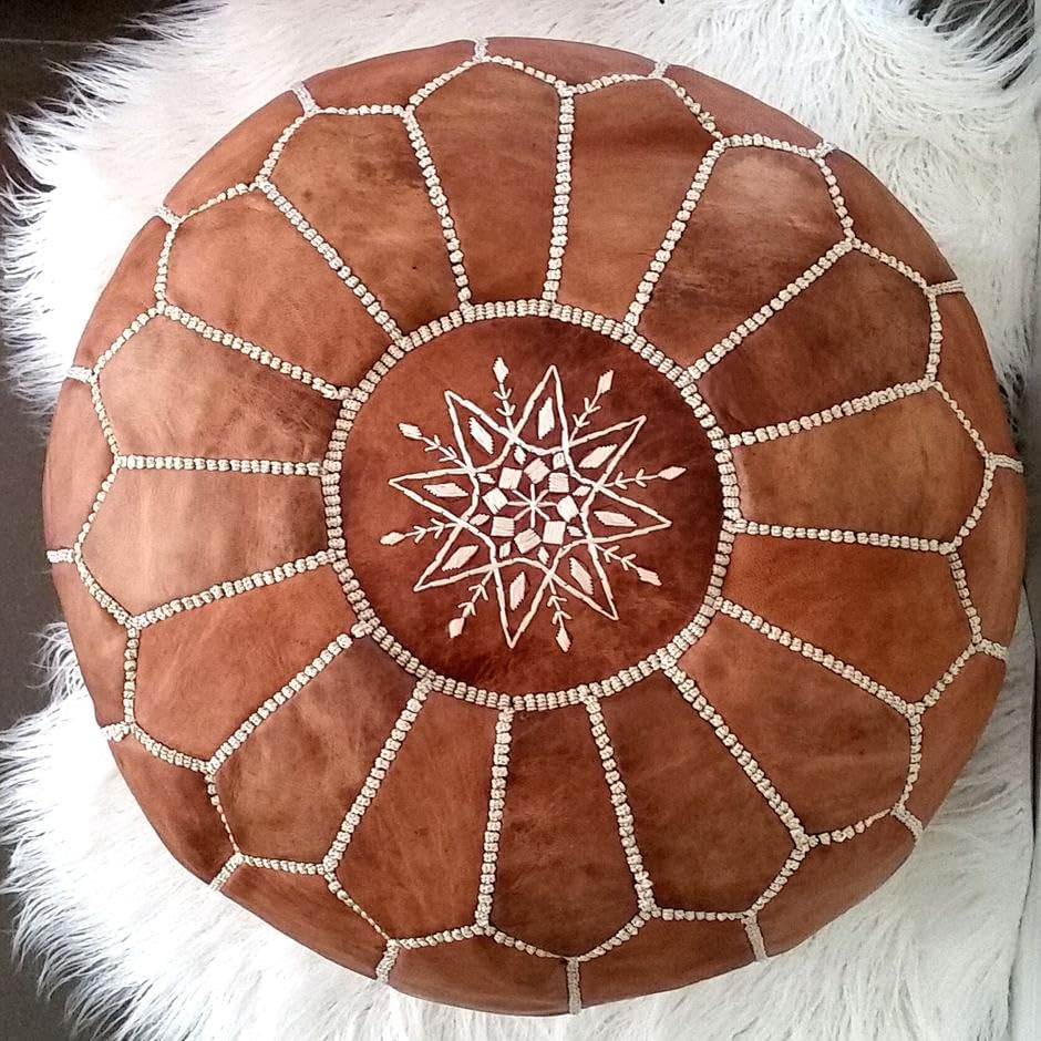 Tan Brown Moroccan Leather Ottoman Pouffe image number 4