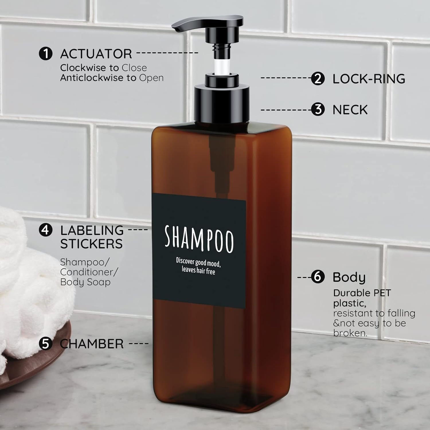 Segbeauty Square Emulsion Bottle, 3Pcs 16.9Oz/500Ml Refillable Cosmetic Pump Dispenser with Labels, Reusable Plastic Lotion Dispenser, Shower Container for Body Soap Conditioner Bathroom Hotel -Amber image number 5