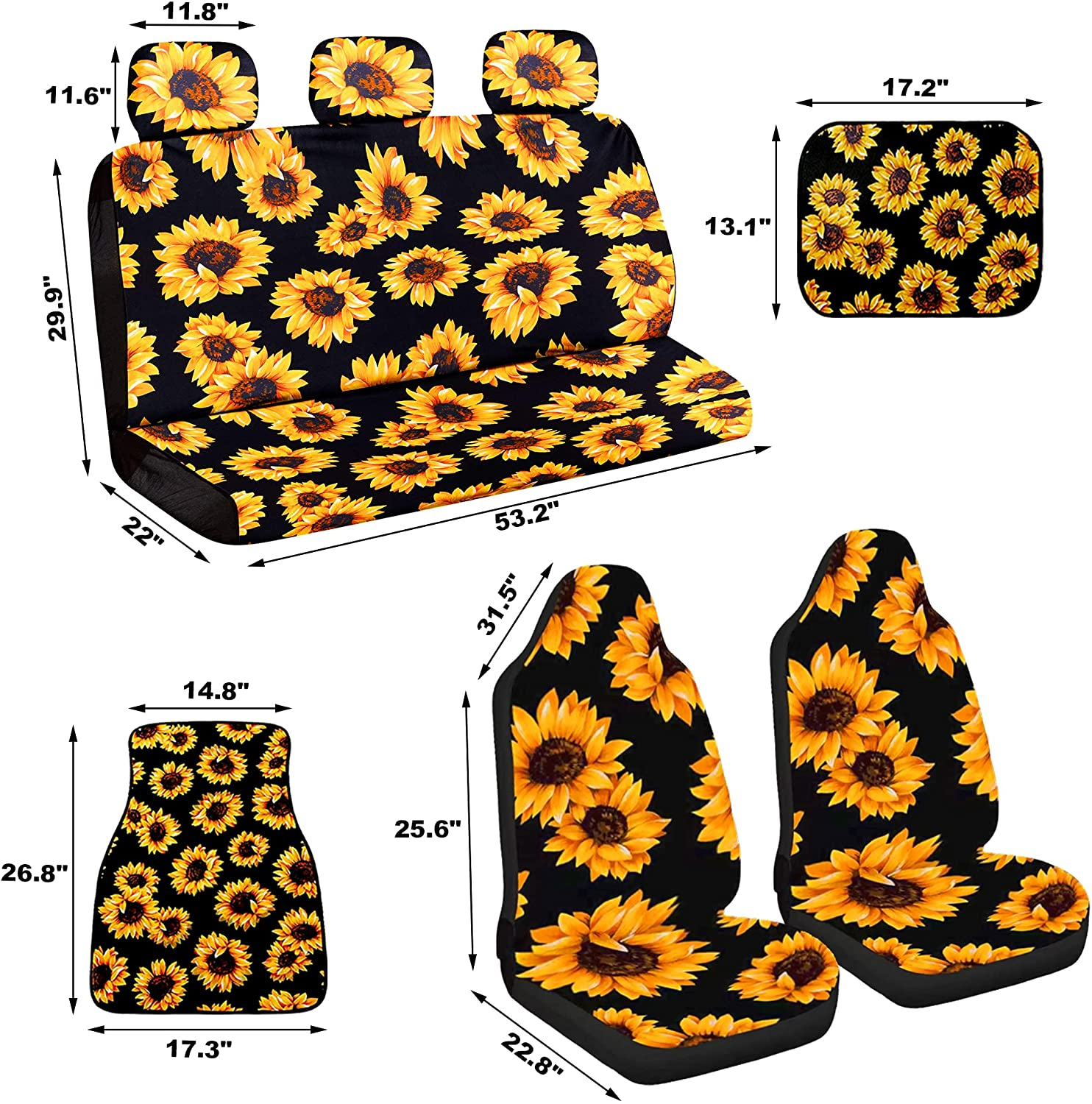 21PCS Sunflower Car Accessories Set, Sunflower Seat Covers, Sunflowers Car Mat, Sunflower Steering Wheel Cover, Universal Console Cover, Seat Belt Shoulder Pads, Keyring, Car Decor&Cup Coaster. image number 4