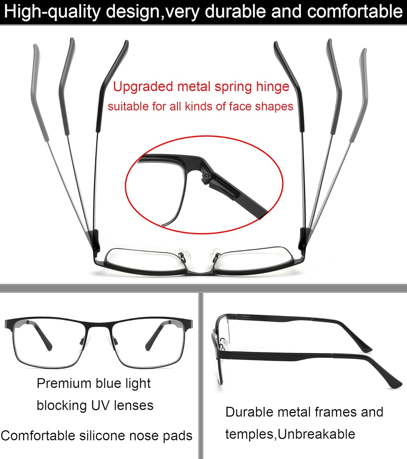3 Pack Reading Glasses for Men Blue Light Blocking with Spring Hinge,Stylish Metal Full Frame Computer Readers