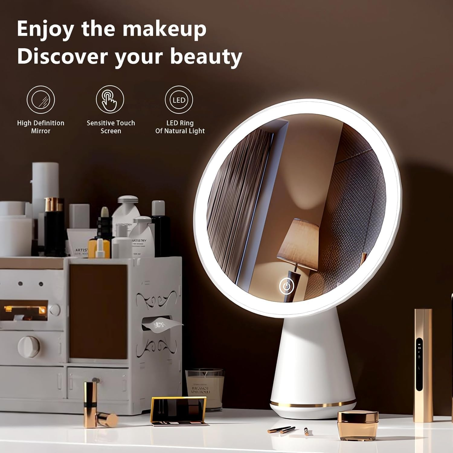 Magnifying Mirror 10X /1X with LED Lights,Rechargeable Makeup Mirror,7 Inch Makeup Mirror with Lights,360&deg; Rotation, 3 Level Brightness Adjustable,Touch Sensor Dimming,Portable Travel Make up Mirror. image number 5