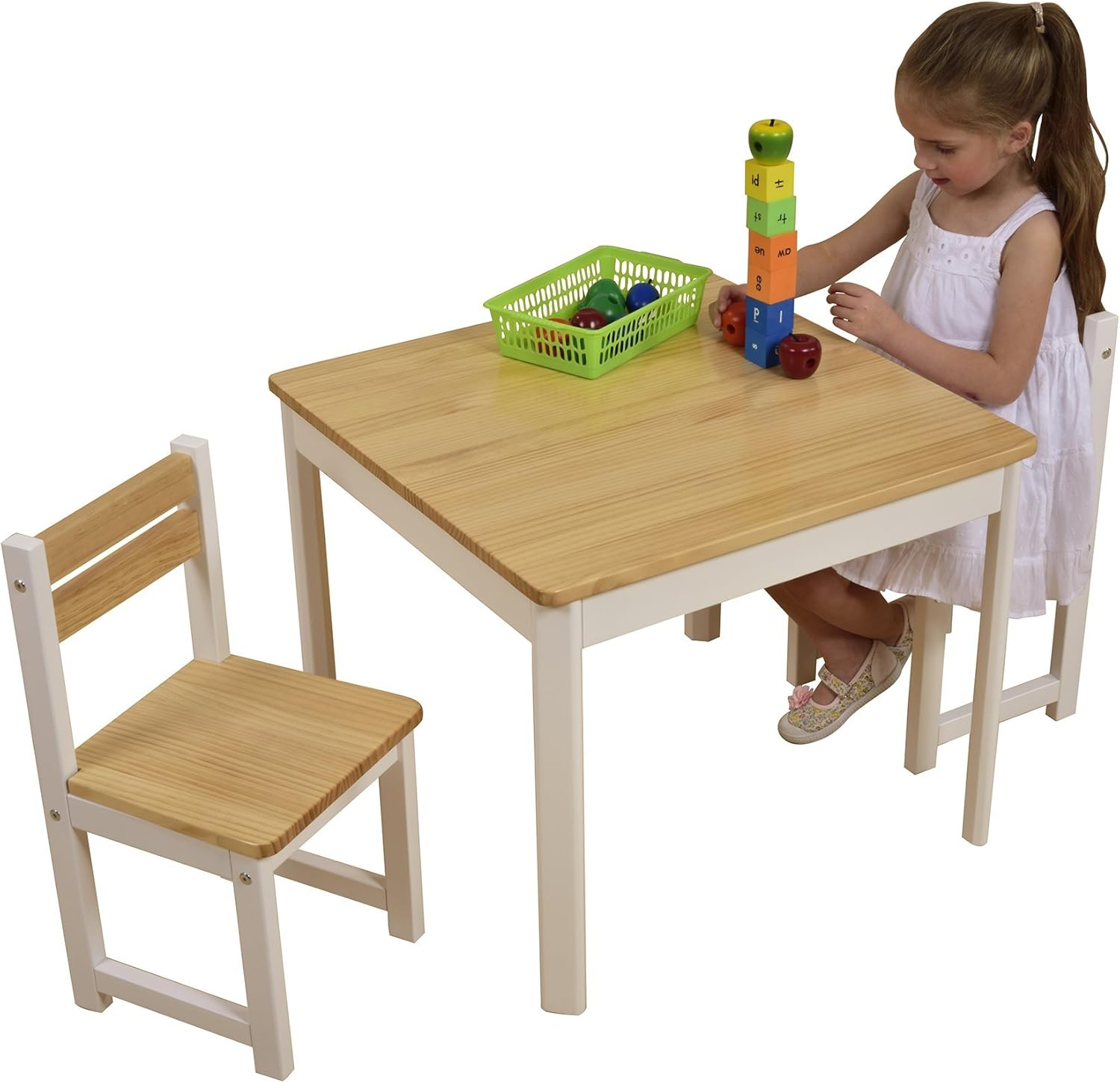 Tikk Tokk Little Boss Square 3 Piece Timber Table & Chair Set, White/Natural
