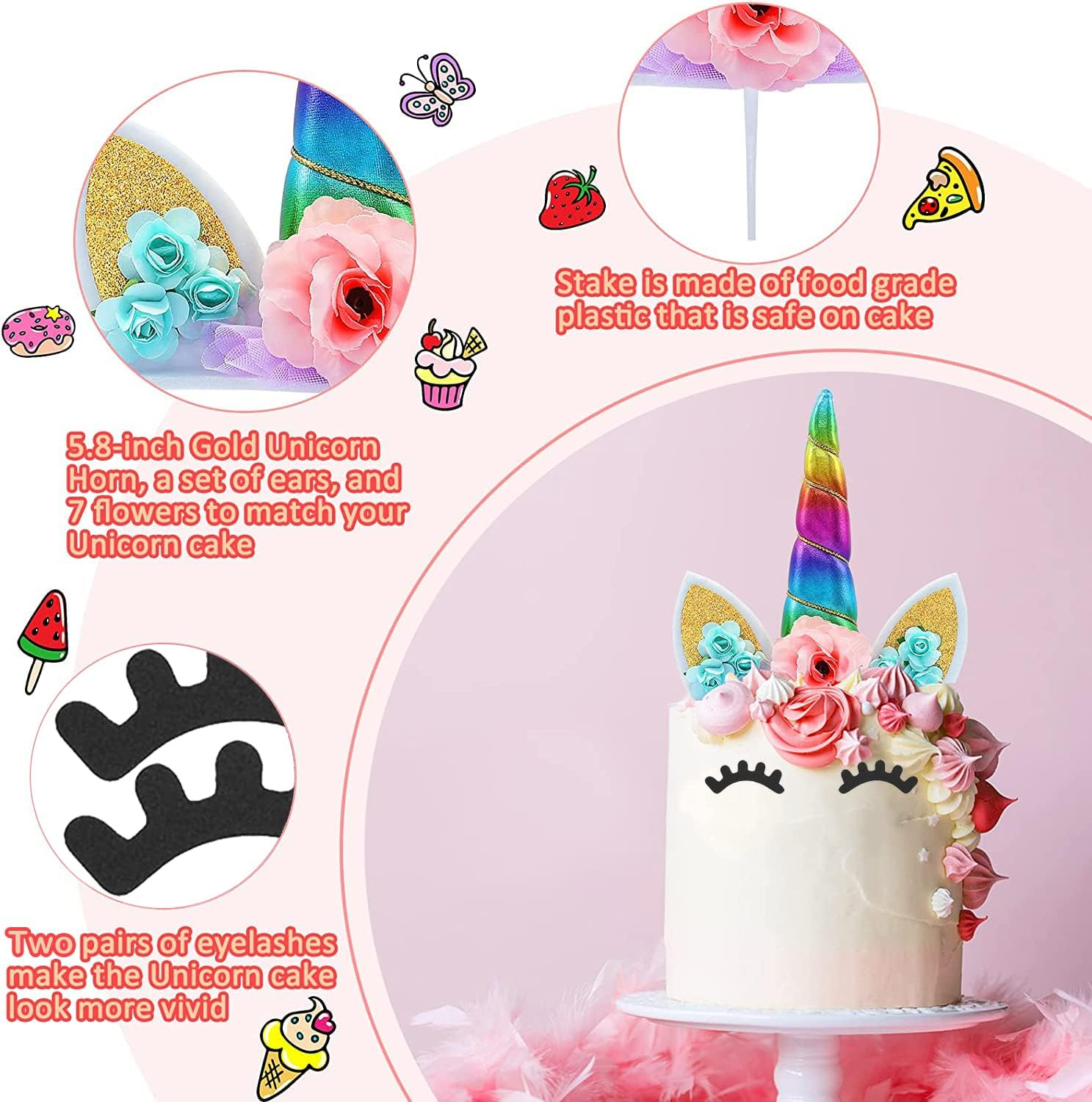 Unicorn Cake Topper Handmade Rainbow Horn Unicorn Cake Topper Unicorn Happy Birthday Party Decoration Supplies Magic Reusable Cake Topper with Eyelashes and Stack for Girls Kid Women, 5.8 Inch - Rainbow image number 3