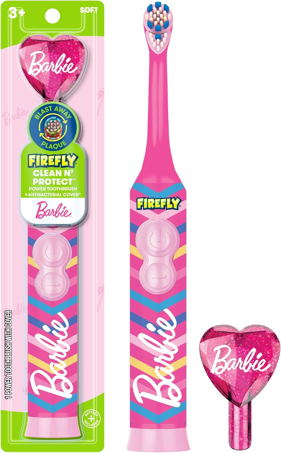 Firefly Clean N' Protect Barbie Toothbrush with Antibacterial Cover, Soft Bristles, Battery Included, Ages 3+, 1 Count