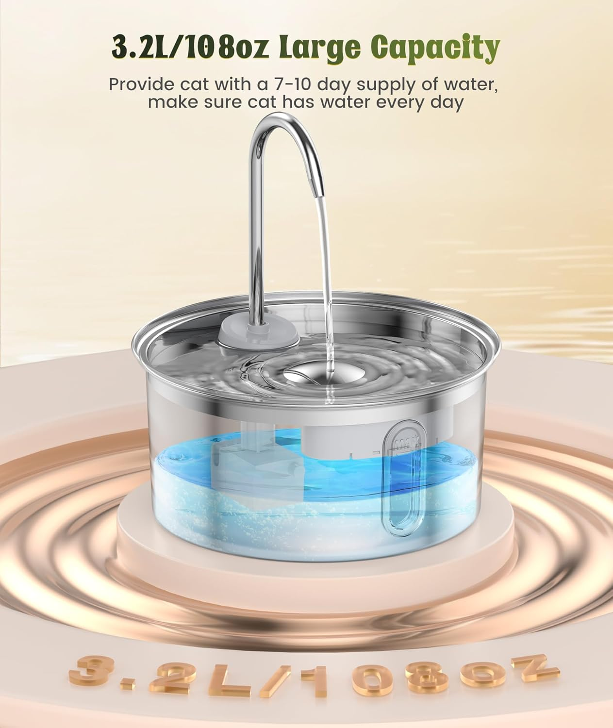 Pet Water Fountain Stainless Steel, 108Oz/3.2L Cat Fountain with Faucet Design, 6-Stage Filtration, Bpa-Free Ultra-Quiet Cat Water Fountain for Cats and Small Dogs image number 1