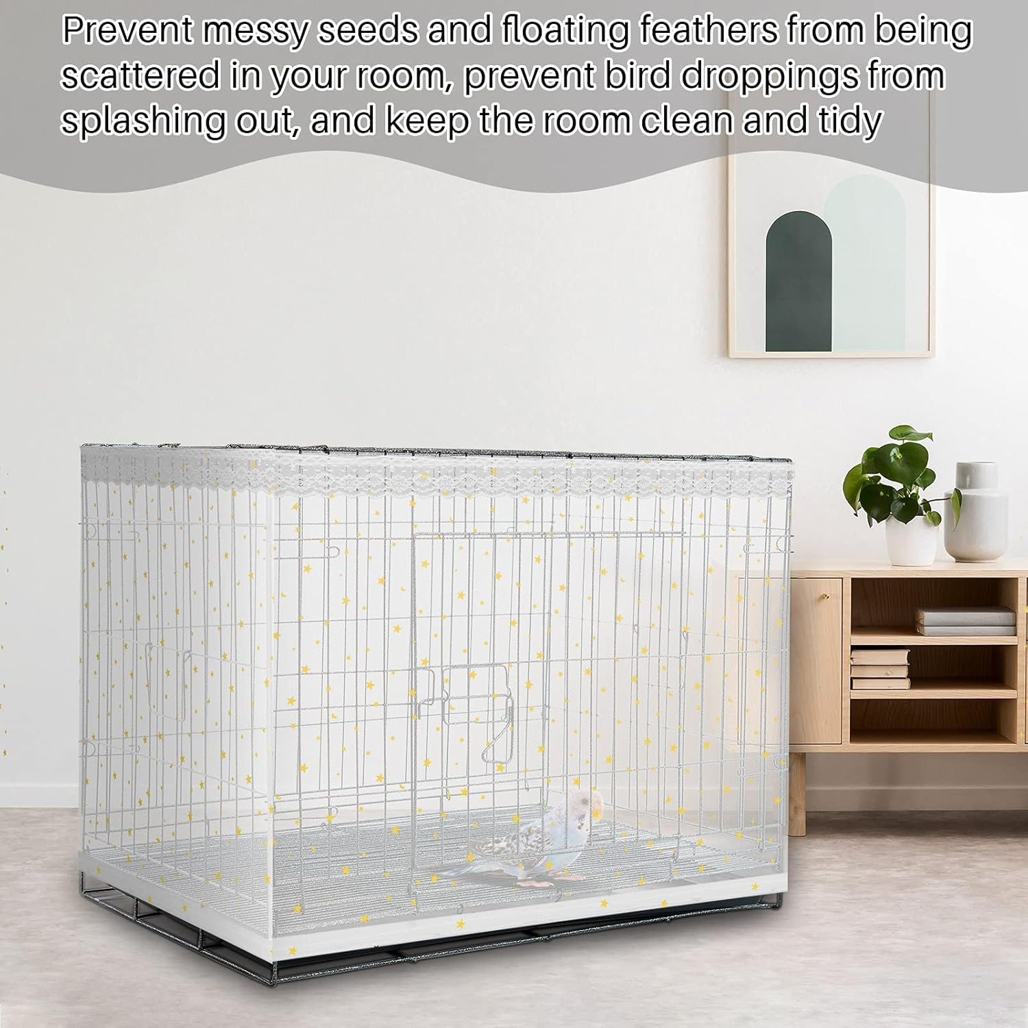 Large Bird Cage Cover Birdcage Nylon Mesh Net Cover Seed Feather Catcher Twinkle Star Universal Birdcage Cover Bird Seed Guard Skirt for Parakeet Macaw African Square Cage (White) - White image number 2