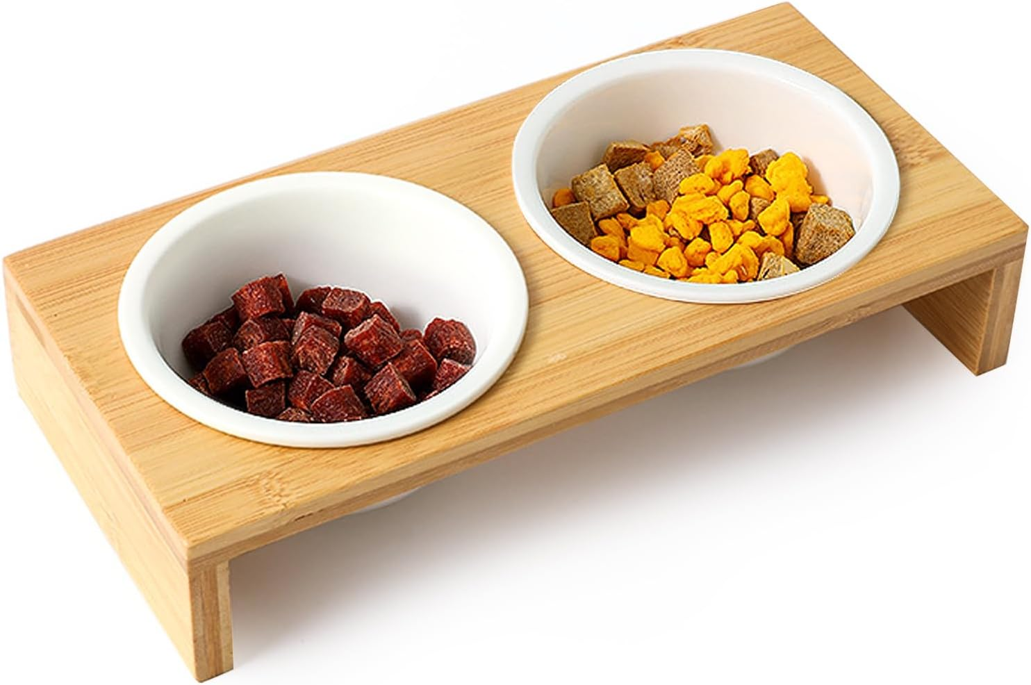 Raised Slow Feeder Dog Bowls, Dog Elevated Food Bowl with 2 Ceramic Bowls, 1.6" Height Cat Water and Food Bowl, Elevated Water Bowl for Dogs Cats (Bamboo) image number 5