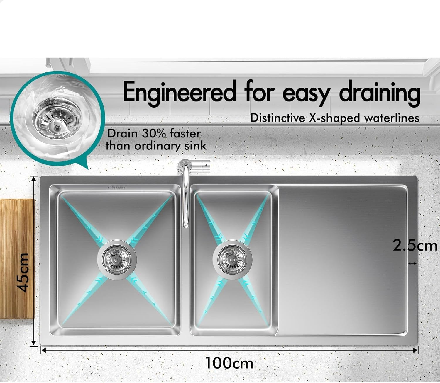 ALFORDSON Stainless Steel Kitchen Sink Double Bowls with Drainboard & Waste Strainers, 1000Mm X 450Mm X 205Mm, Water Basin Sinks with 3Mm Thick Edge, Dishwashing Workstation, Silver Color image number 2