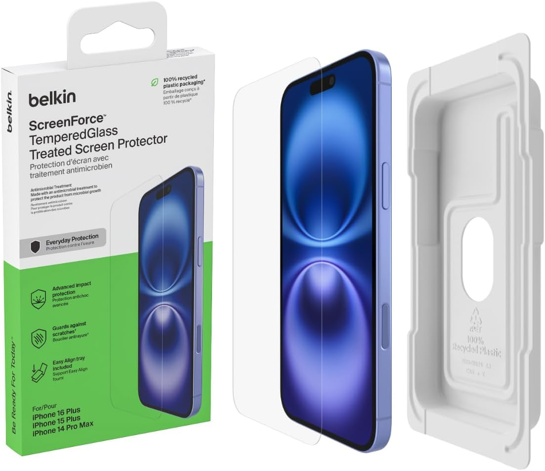Belkin Screenforce Temperedglass Treated Screen Protector for Iphone 15 plus and 14 Pro Max- Slim & Scratch-Resistant - Includes Easy Align Tray for Bubble Free Application image number 4