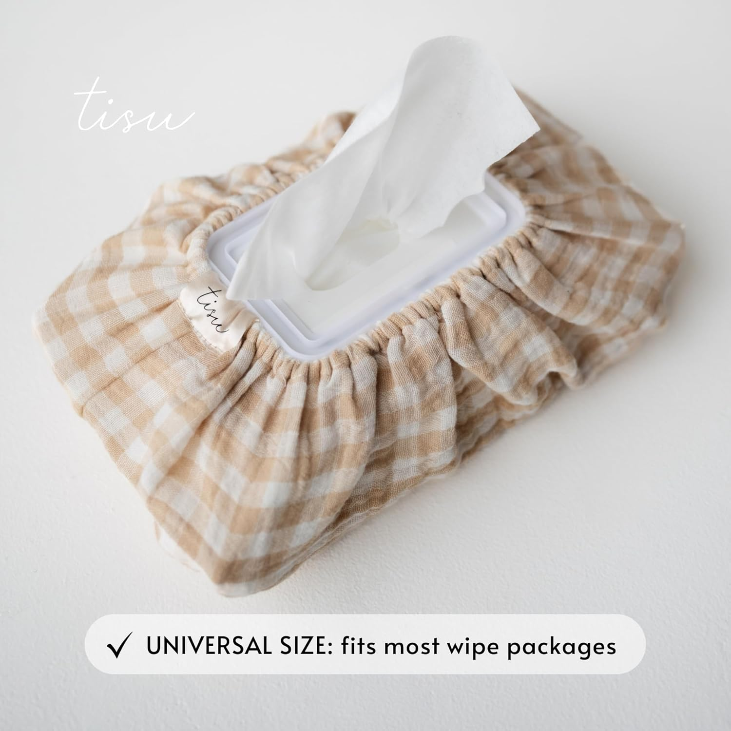 Baby Wipes Cover &ndash; Universal Size, One Size Fits All Wipes Packages | Muslin Cotton Tissue Cover for Nursery, Diaper Bag & Changing Table, Station | Gingham & Neutral Patterns (Beige Gingham) image number 5