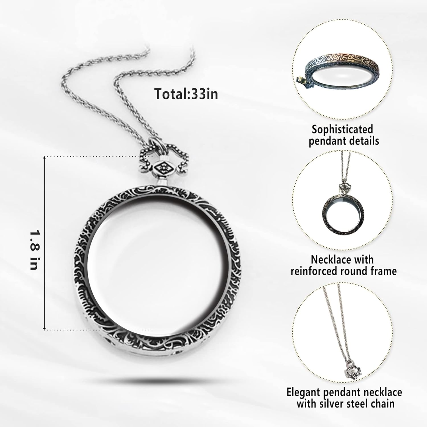 10X Magnifying Glass Necklace Magnifier Necklace Pendant Optical Magnifier with Chain Necklace for Library, Reading, Zooming and Jewelry (Silver) image number 2