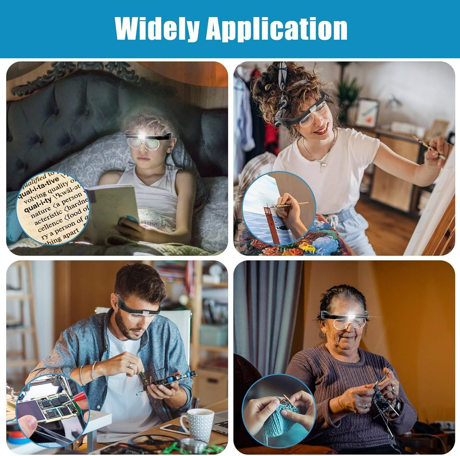 Headband Magnifier Glasses with Light, Handsfree LED Illuminated Head Mount Magnifying Glass with 4 Detachable 5H Hardness Lenses for Watch Electronic Repair Reading Sewing Jewelry Craft, 1.5X to 5X image number 1