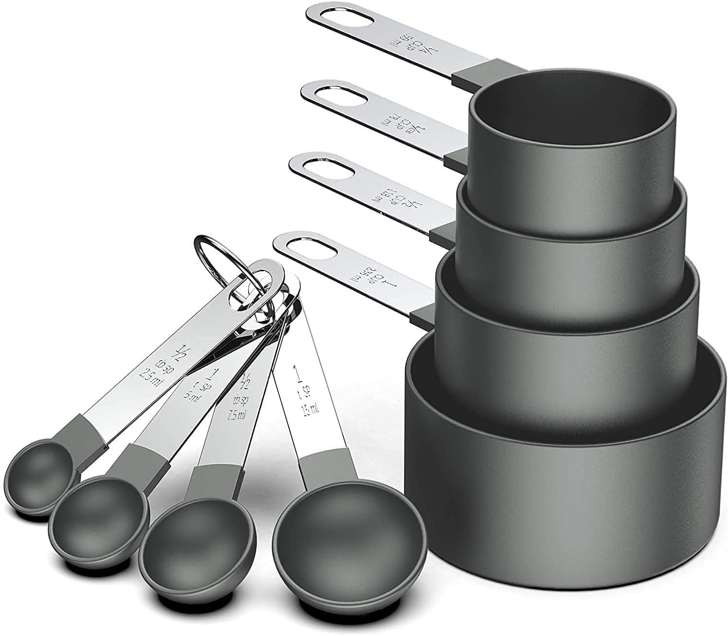 8 Pcs Measuring Cups and Spoons Set, Stackable Black Measuring Spoons for Measuring Dry and Liquid Ingredients Small Teaspoon with Plastic Head&hellip; image number 3