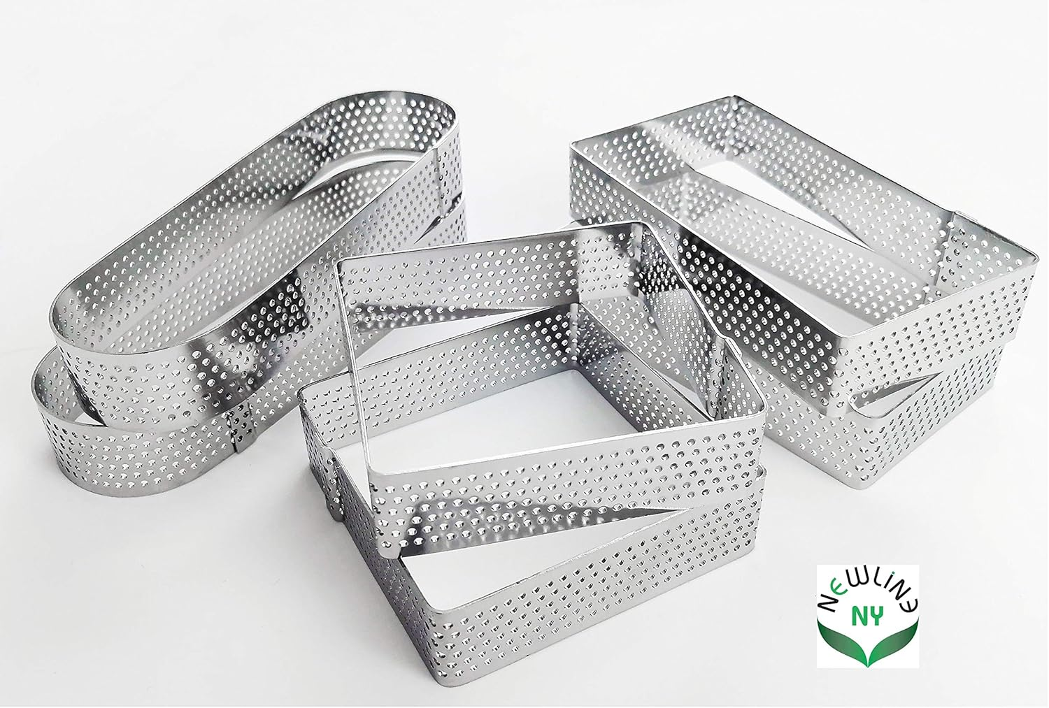 Product Image Newlineny Stainless Steel 6 Pcs Perforated Oval, Rectangular, Square Tart Rings Molding Plating: 2 of Each (5" X 1.5") + (4" X 1.5") + (2.8" Square) X (0.8" H) Sizes image number 1