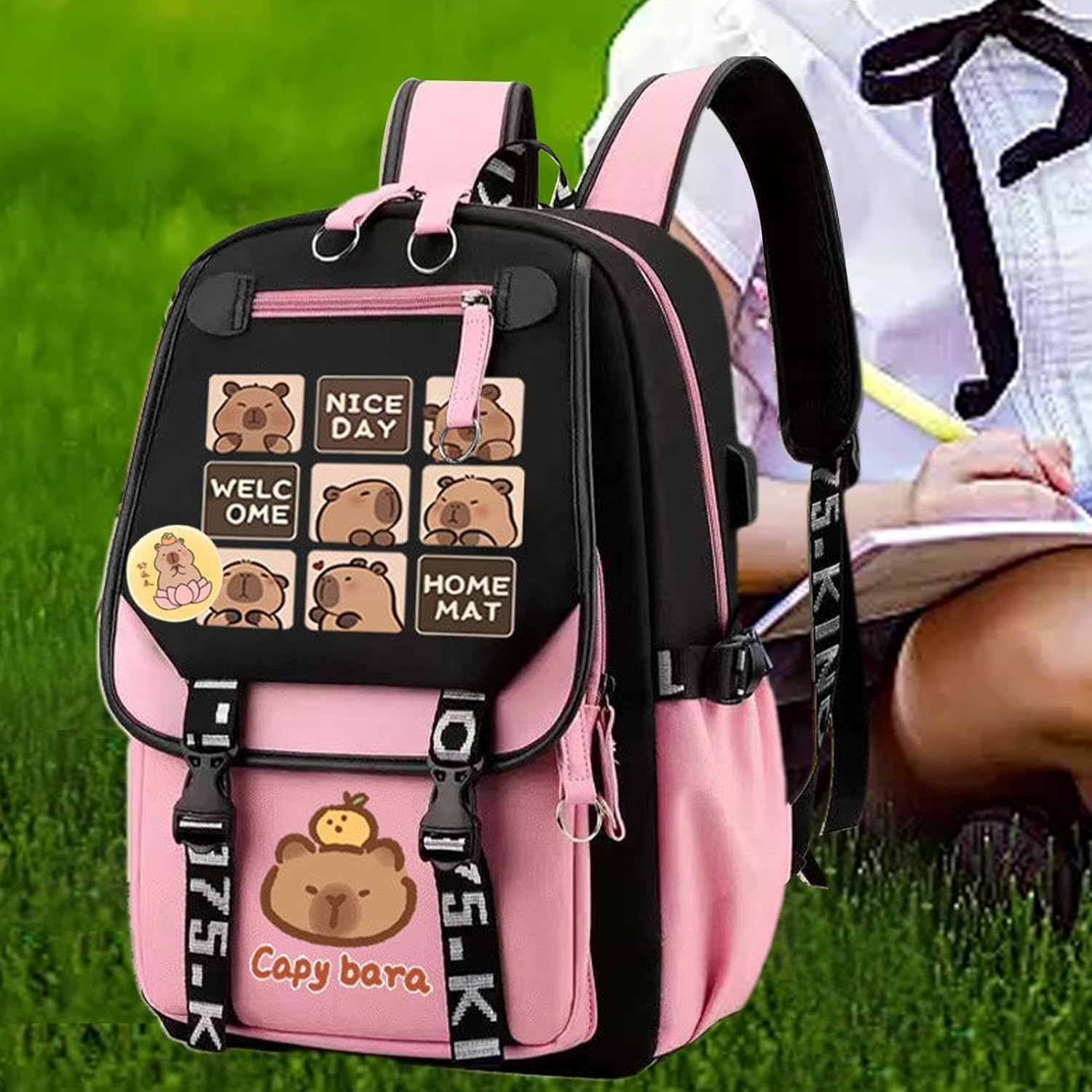 Cute Capybara Backpack, 18" Large Capacity School Backpack Cute Capybara Backpack, Capybara Daypack for Girls Teens Students Causal Rucksack with Pencil Case Badge Pen Keychain Sticker Plush Pendant image number 4