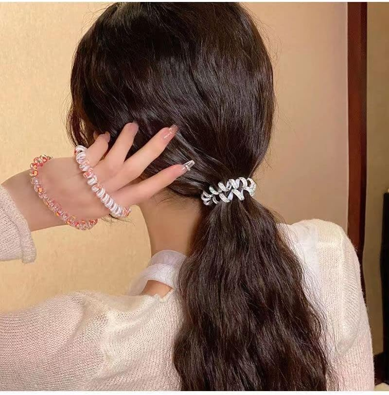 5Pcs Spiral Hair Ties for Women Phone Cord Tellie Telly Coil Plastic Tele Coiled Telephone Cord Stretchy Hair Ties for Thick Hair Big Coils (Floral Style) image number 1