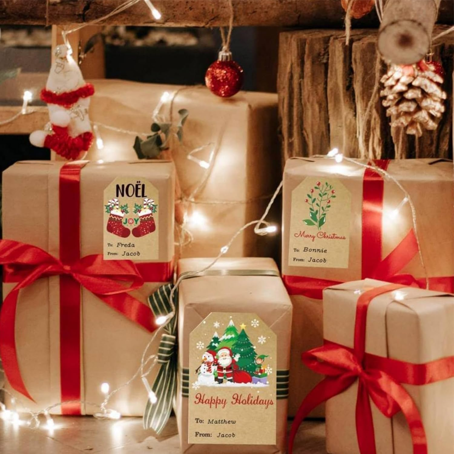 200Pcs Tags Sticker, Self-Addhesive Labels for Gifts Sticker, Kraft Paper Christmas Labels with 4 Christmas Patterns, Christmas Tag Sticker for Gift Bags, Cards, Envelope image number 2