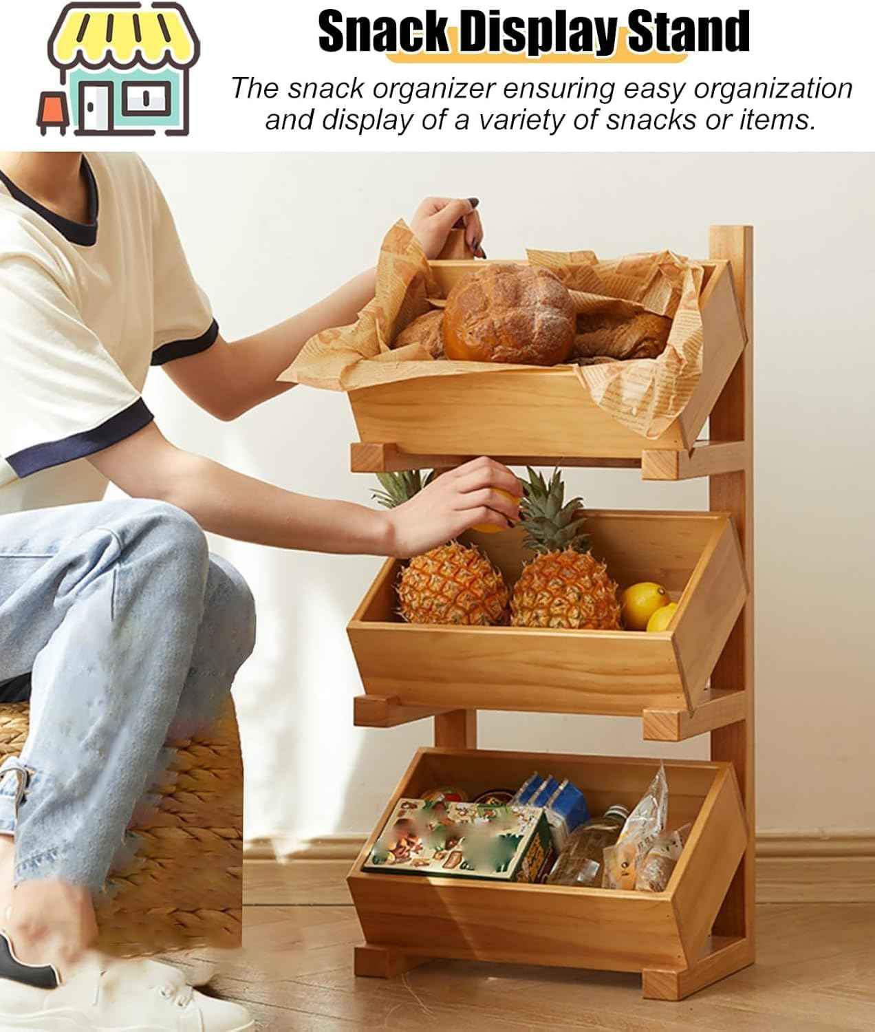 Snack Storage Rack Storage Baskets， Snack Display Stand for Produce/Fruit/Vegetable image number 5