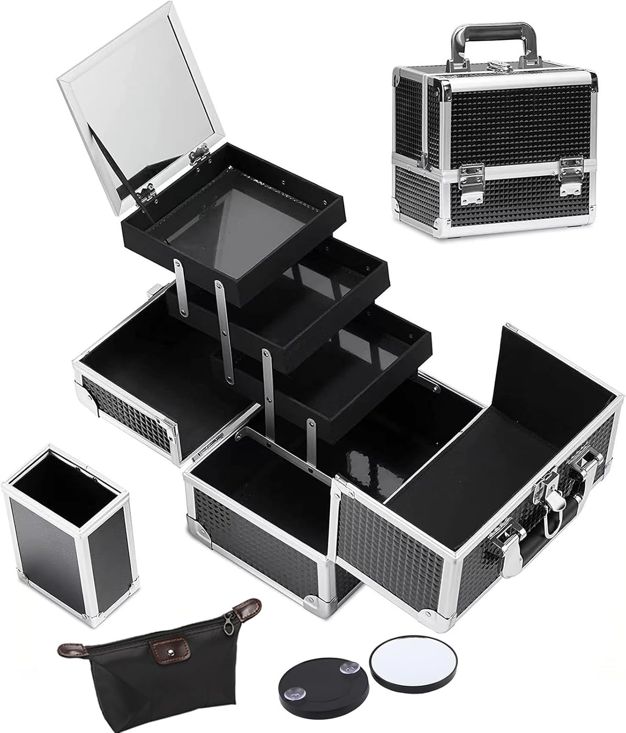 Makeup Box with Drawer, Waterproof Travel Train Case, Cosmetic Organizer and Makeup Suitcase ，Multi Compartments Beauty Box and Shoulder Strap (Black)