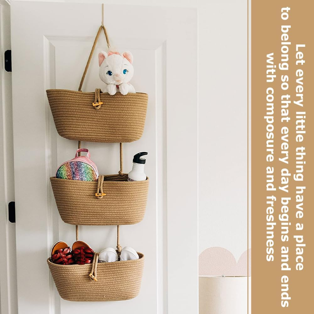 3 Tier Hanging Wall Basket with Hook/Cotton Basket,Door Hanging Basket Organizer & behind Door Wall Storage,Boho Nursery Decor for Living Room, Bathroom image number 6