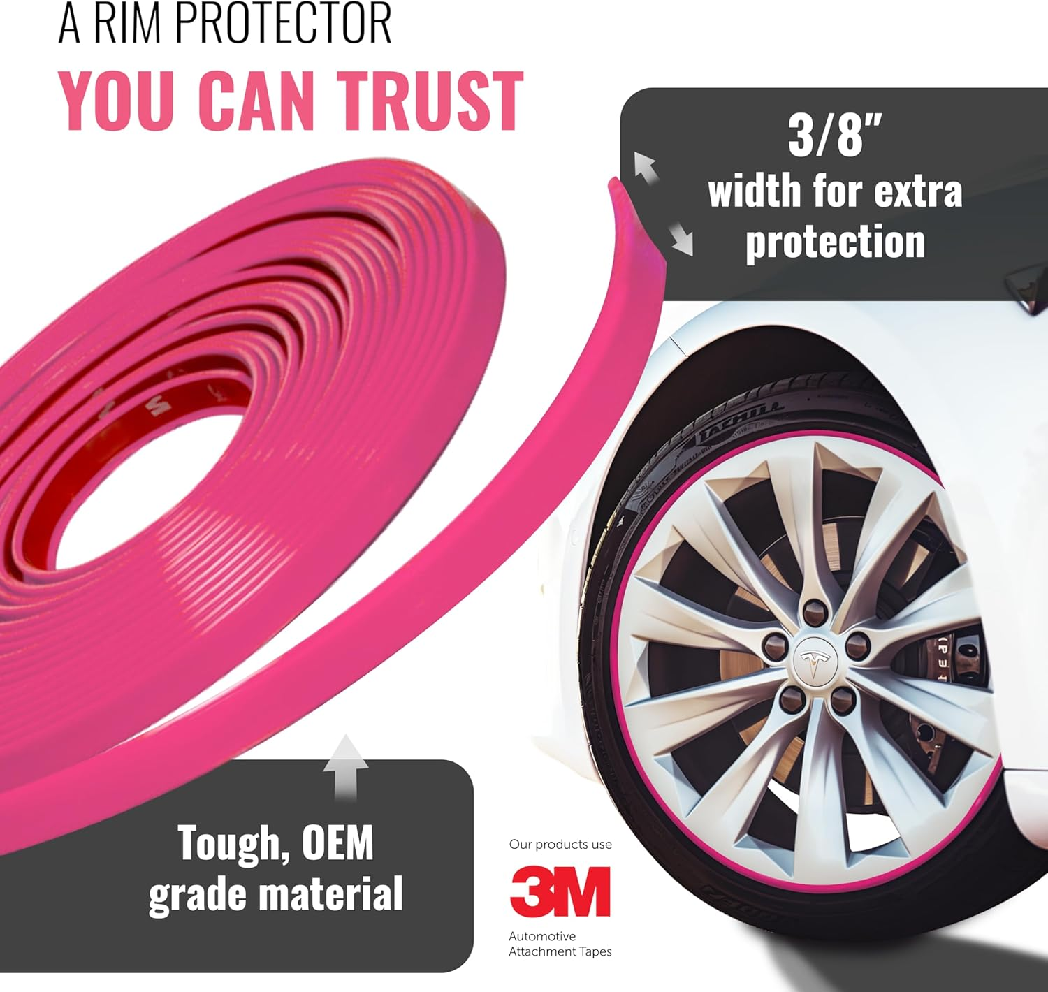 All-Fit Rim Trim Wheel Protection Strips for Curb Rash and Wheel Scratch Prevention &ndash; Made in the USA &ndash; Universal Fit (Pink) - Black image number 3