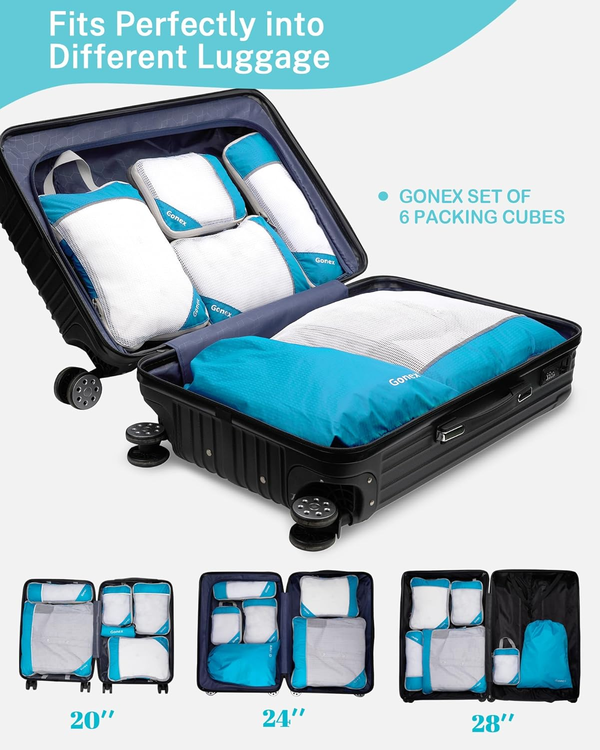 Gonex Compression Packing Cubes Mesh Organizers L+M+S+Xs+Slim+Laundry Bag Blue image number 5