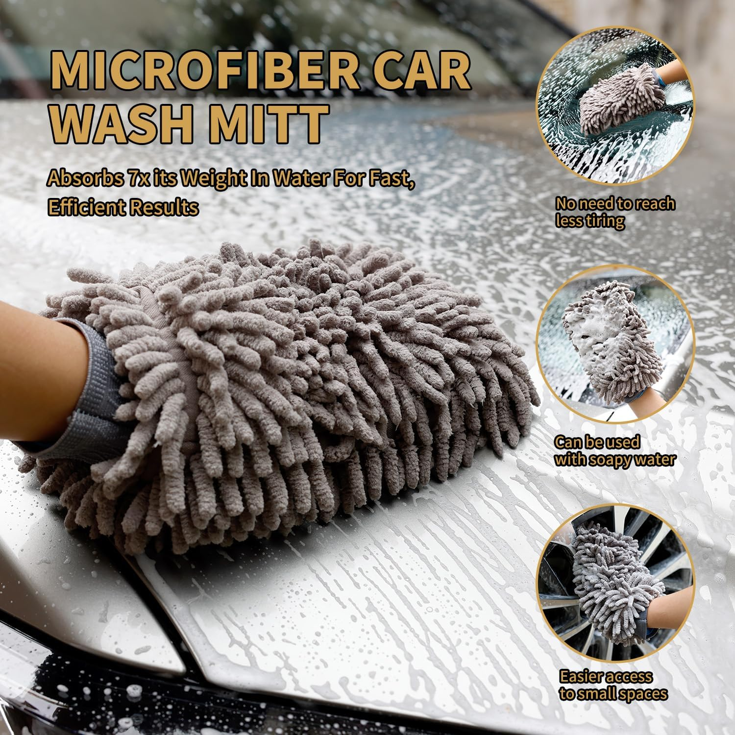 Car Drying Towel Set of 4,1300 GSM Microfiber Towels for Cars, 36" X 24" & 16" X 16", Ultra-Absorbent, Streak Free, Premium Microfiber Cleaning Cloth with Car Wash Mitt and Brush (4, Black) image number 3