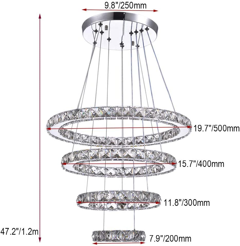 USOR LED Modern Crystal Chandeliers 3 Colors Dimmable Remote K9 Crystal Flush Mount Ceiling Light Fixture 4 Rings Pendant Light Fixture for Bedroom Living Room Dining Room Kitchen Entryway image number 4