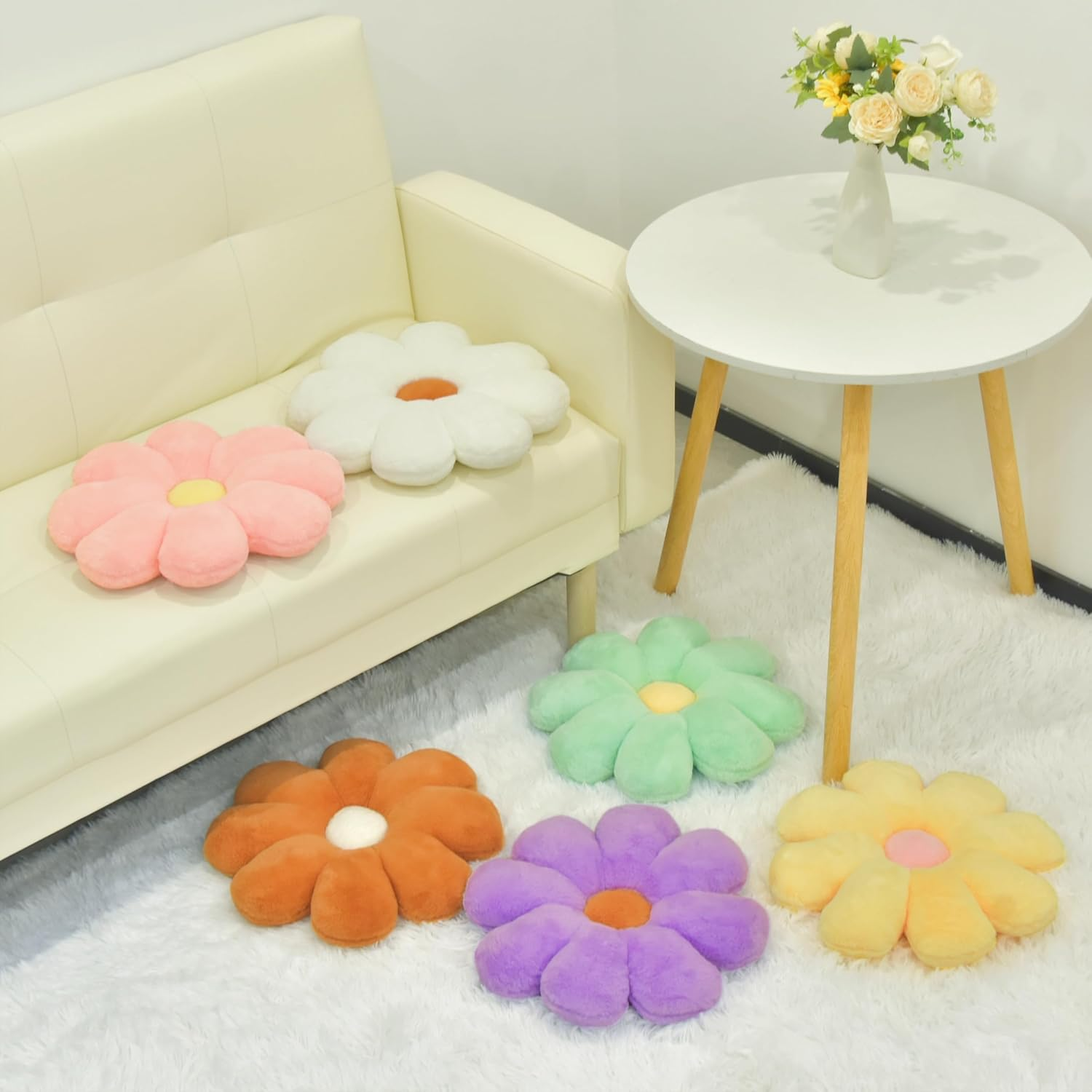 2 Pcs Flower Pillow Floor Cushion Decorative Throw Pillows Cute Aesthetic Pillows Cushions for Bedroom Preppy Room Bed Sofa Chair Decor (Yellow & White) image number 1