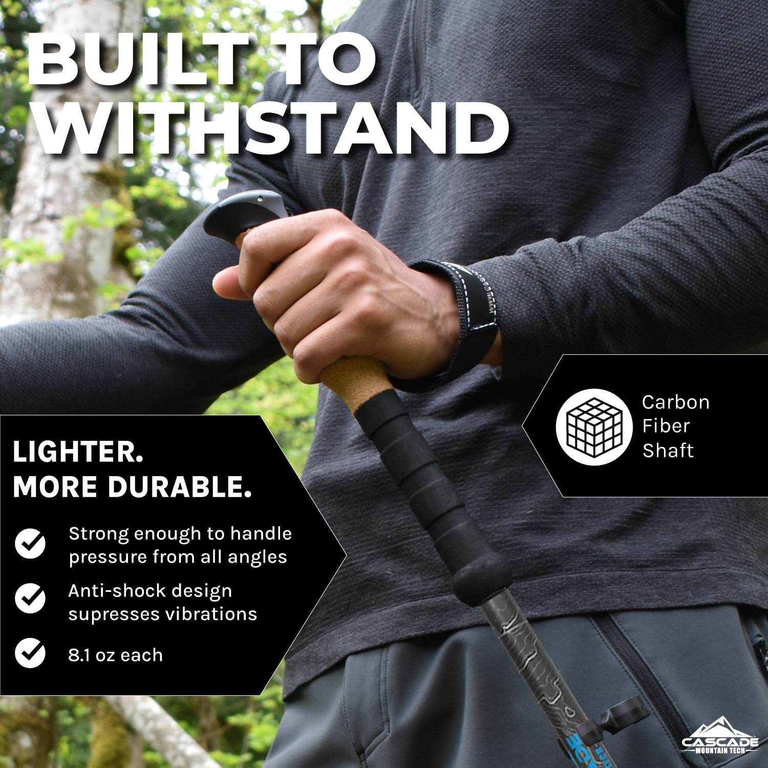 Cascade Mountain Tech Trekking Poles - Carbon Fiber Walking or Hiking Sticks with Quick Adjustable Locks image number 5