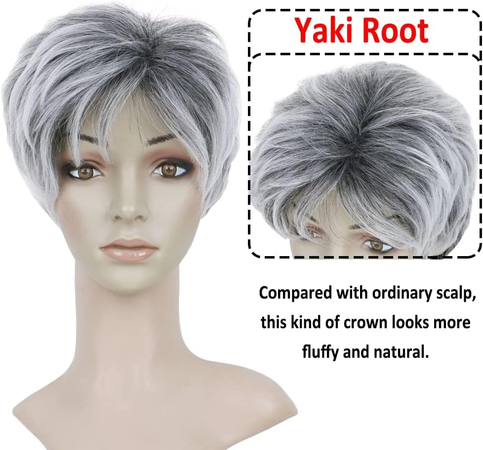 BECUS Grey Short Wig Ombre Gray Pixie Cut Short Wigs for Women with Dark Root Synthetic Natural Hair Wig image number 2