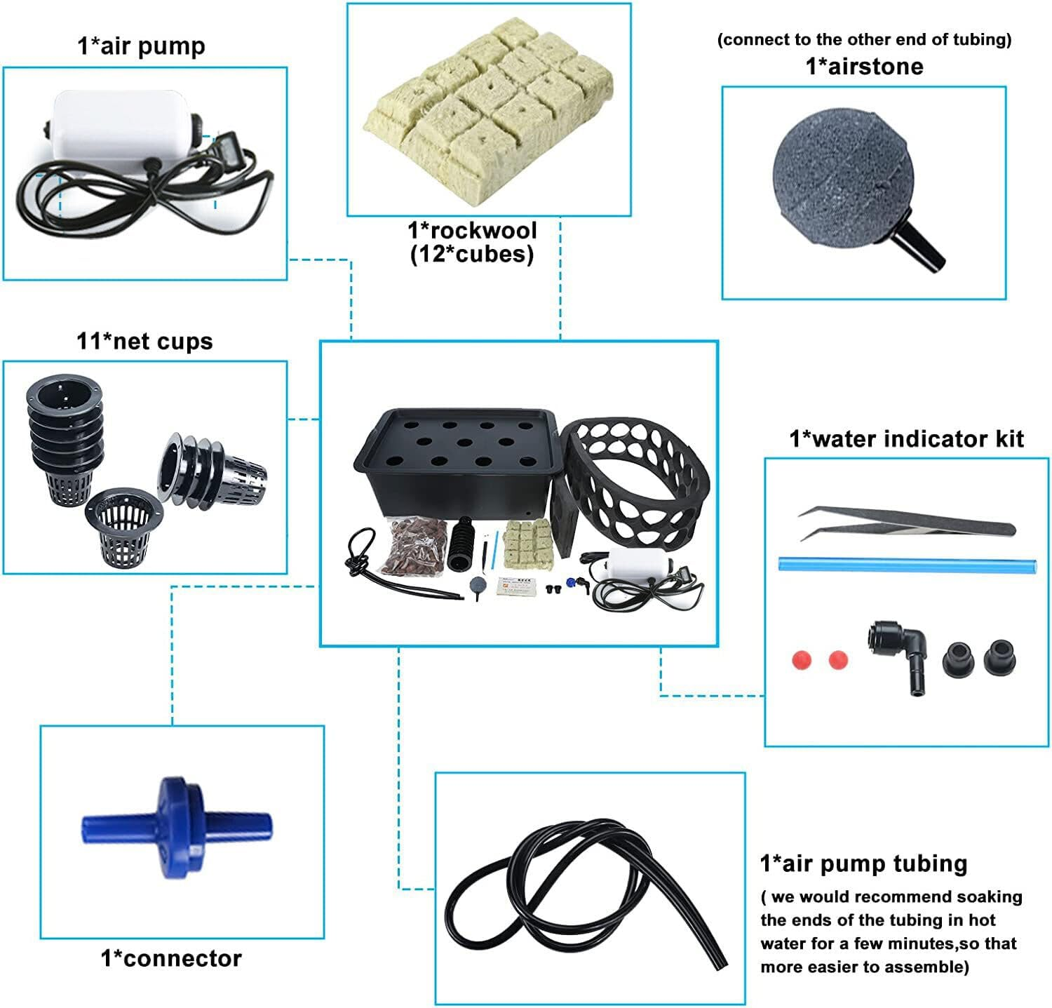 GROZY Hydroponics DWC Growing System 6/8/11 Net Pots Rooting Seedling Propagation Kit, Medium Size W/Airstone, Air Pump, Rockwool - Best Indoor Herb Garden for Lettuce, Mint, Parsley(Black) image number 6