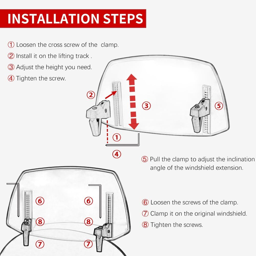 KICRY Motorcycle Windshield Extension Small Windshield Extender Adjustable Clip on Windscreen Spoiler Deflector Universal Fit (New-Clear, 11.88''X7.4'') - Clear image number 3