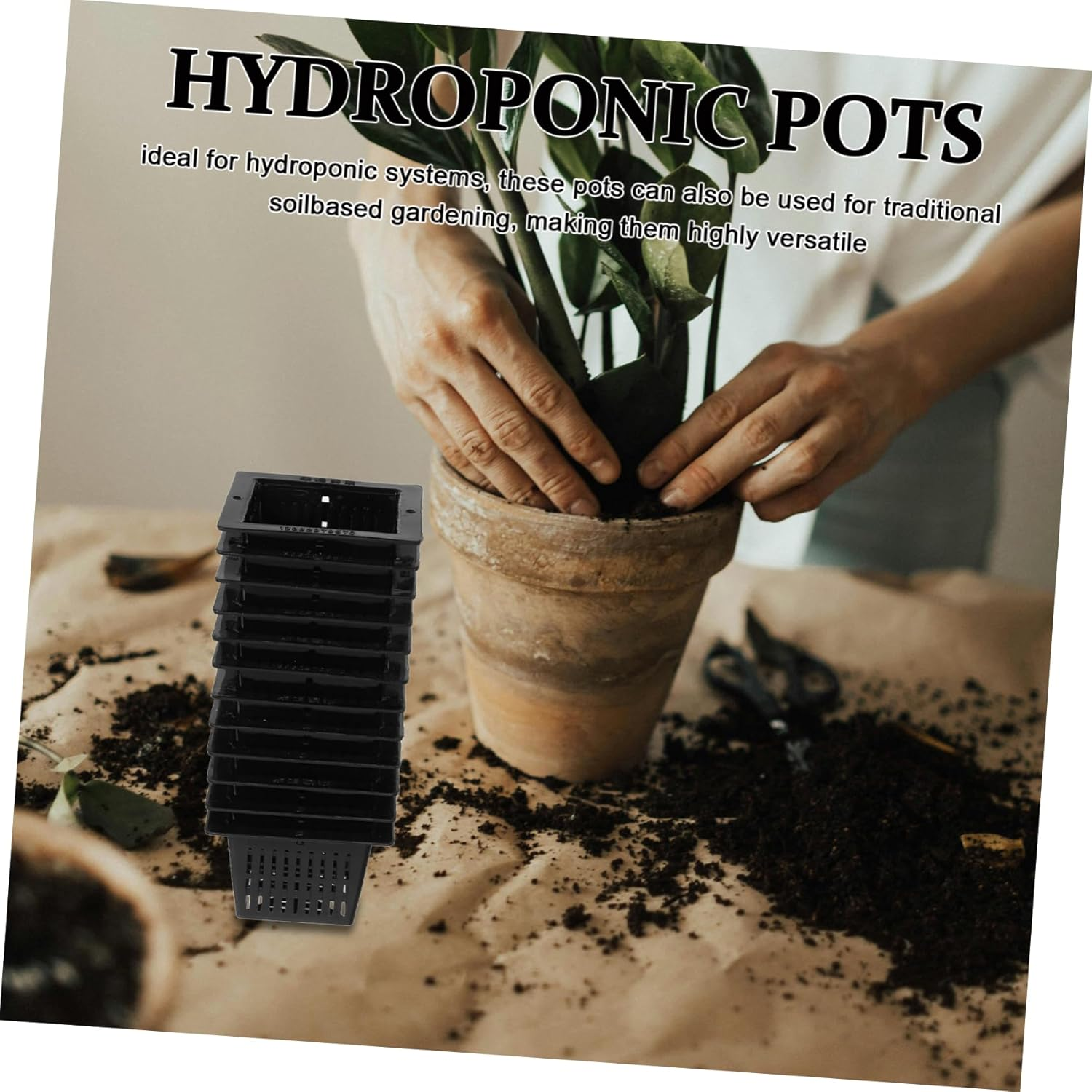 NULYLU 12Pcs Black Square Hydroponic Pots Slotted Mesh Nursery Planters for Balcony Water Culture Gardening Lettuce Vegetables image number 2