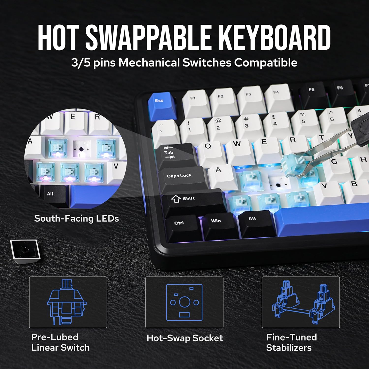 EPOMAKER TH85 QMK/VIA Wireless Mechanical Keyboard, Usb/2.4Ghz/Bluetooth Gaming Keyboard, Hot Swappable Custom Keyboard, Gasket Creamy Keyboard for Pc/Mac/Office/Gaming (Black&White&Blue) - Black image number 5