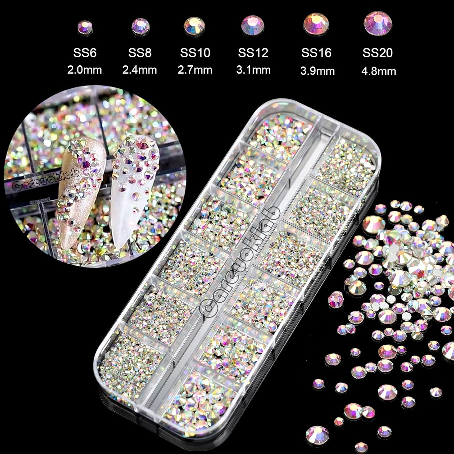 2 Boxes Colorful Glass Crystals of Flatback Rhinestones, Multi Sizes 3D Nail Art Gems Stones for Nails Crafts and DIY Decoration (Multicolor + Crystal AB) - Multicolor + Crystal Clear image number 5
