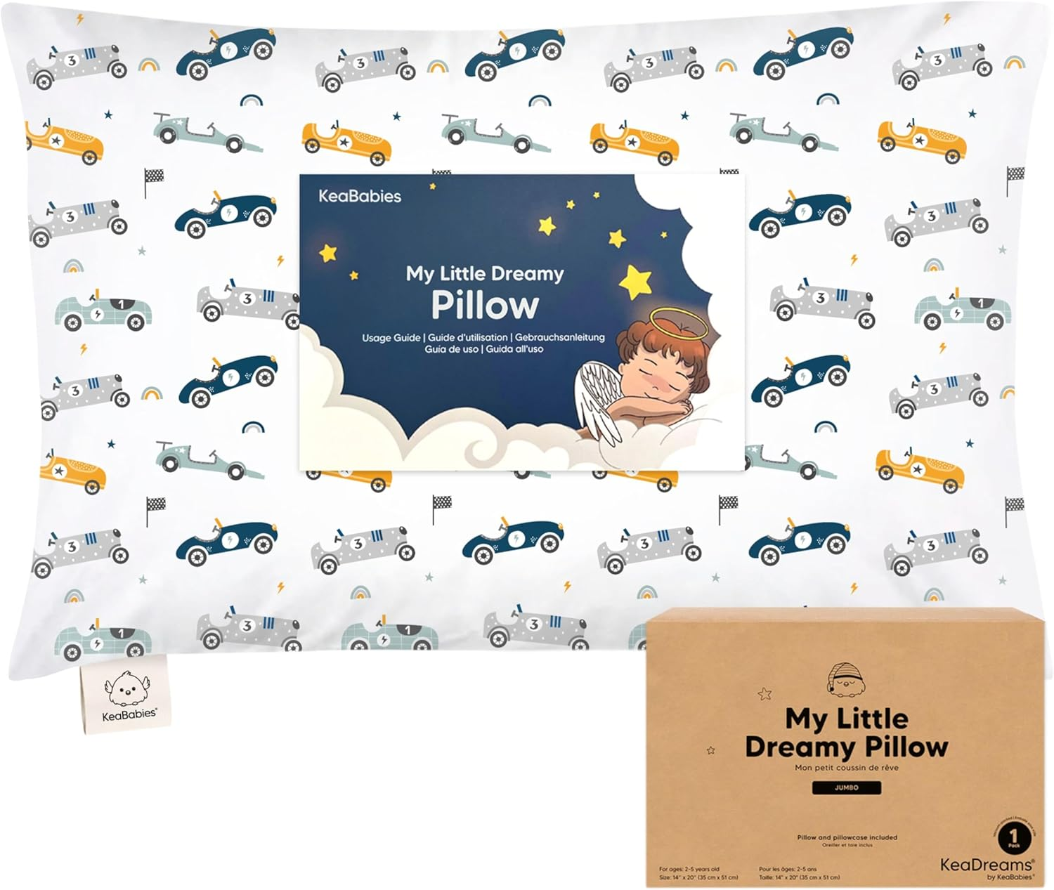 Keababies Toddler Pillow with Toddler Pillowcase, Jumbo 51X35Cm - Soft Organic Cotton Pillow, Kids Pillow for Sleeping, Machine Washable Pillows, Toddler Bed Pillows, Travel Pillow (Racecars)