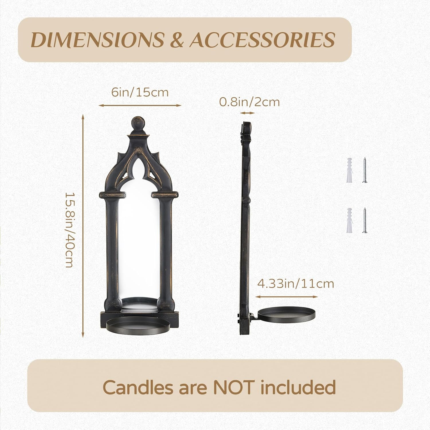 Walasis Candle Sconces Black Wall Decor - Gothic Mirror Wall Candle Holder - Wood Farmhouse Candles Sconce Set of 2 image number 5