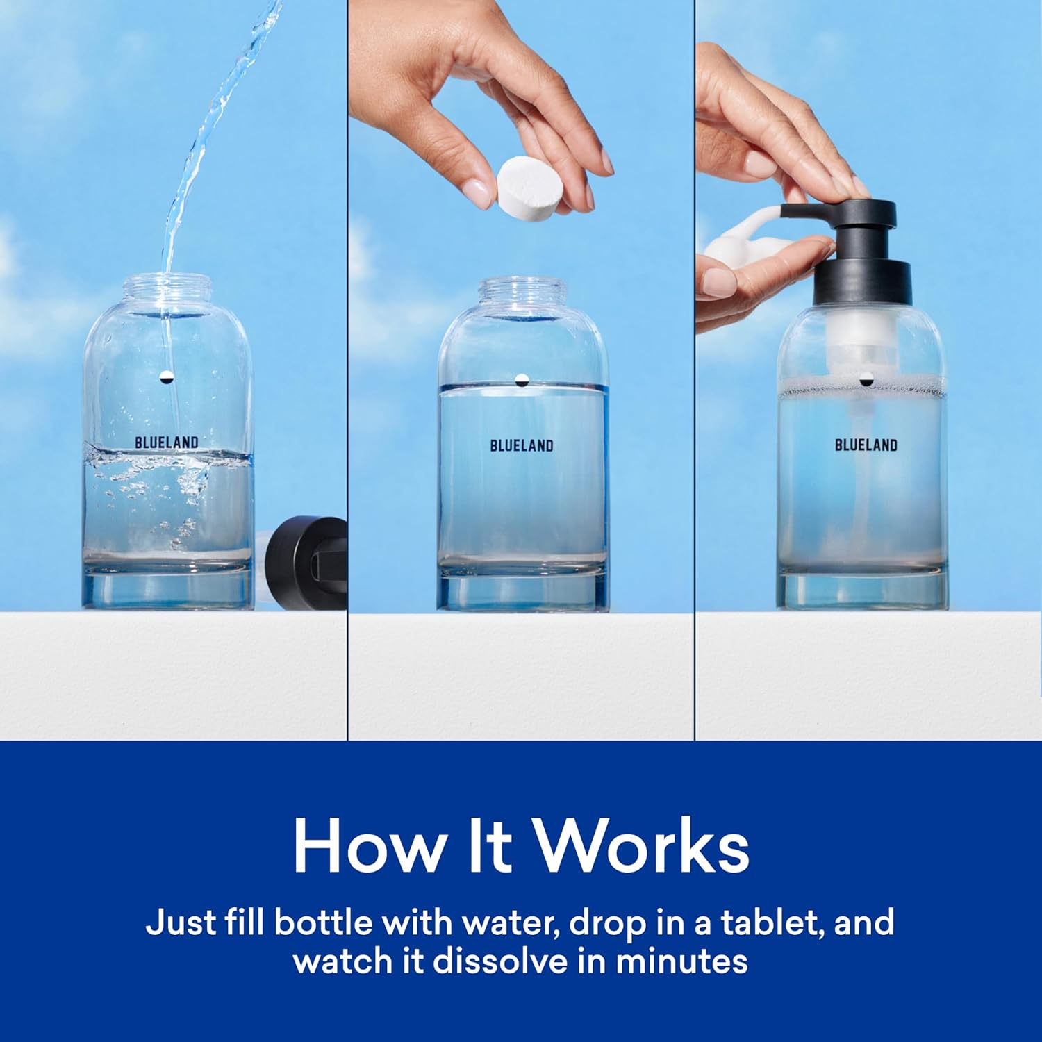 BLUELAND Hand Soap Duo, 2 Refillable Glass Foaming Hand Soap Dispensers with 8 Refill Tablets, Variety Scents, 8 X 9 Fl Oz image number 1