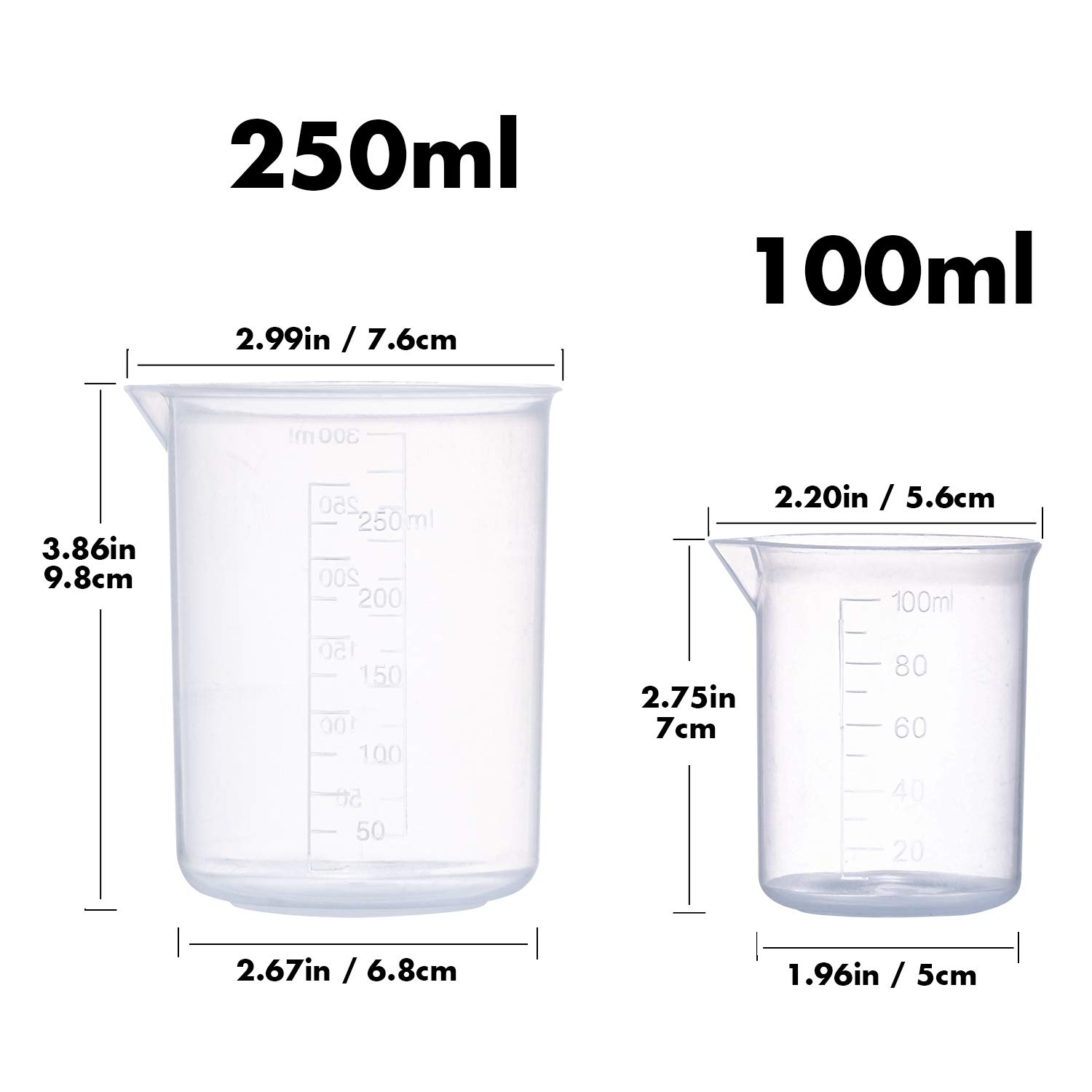 Plastic Beaker Set, 5 Sizes Low Form Measuring Graduated Griffin Polypropylene Beakers in 500 Ml, 250 Ml, 100 Ml, 50 Ml, 25 Ml for Laboratory, & Science Experiments with 5 Plastic Droppers in 3 Ml image number 2