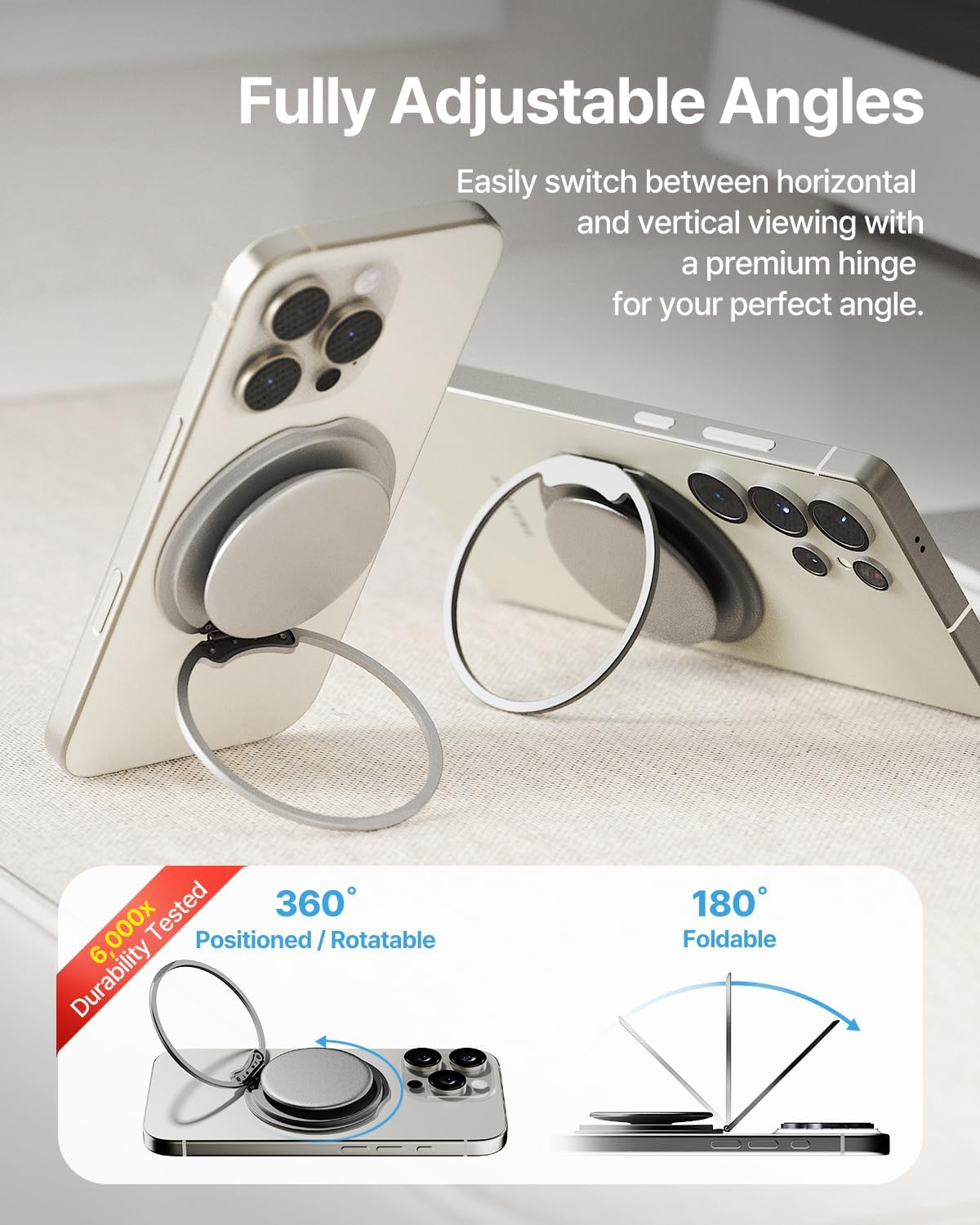 Sinjimoru for Magsafe Phone Grip &mdash; 3000G Magnetic Hold, Soft Silicone Comfort, Metal Plate Included, Iphone 17/16/15/14/13, M-Tap Tok Ring Stand Space Gray image number 3