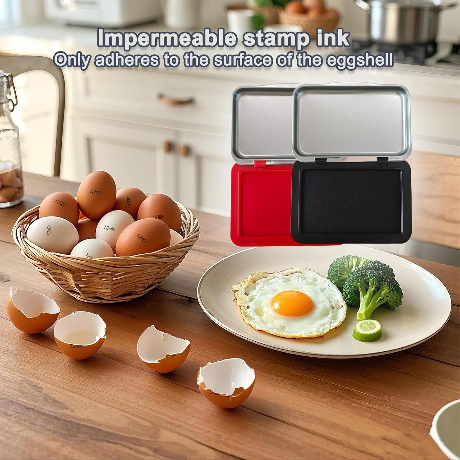 Egg Dating Stamp Kit with 4Mm Rubber Stamper, Black and Red Ink Pads, for Farm Fresh Eggs, Chicken Duck Turkey Eggs (White) image number 4