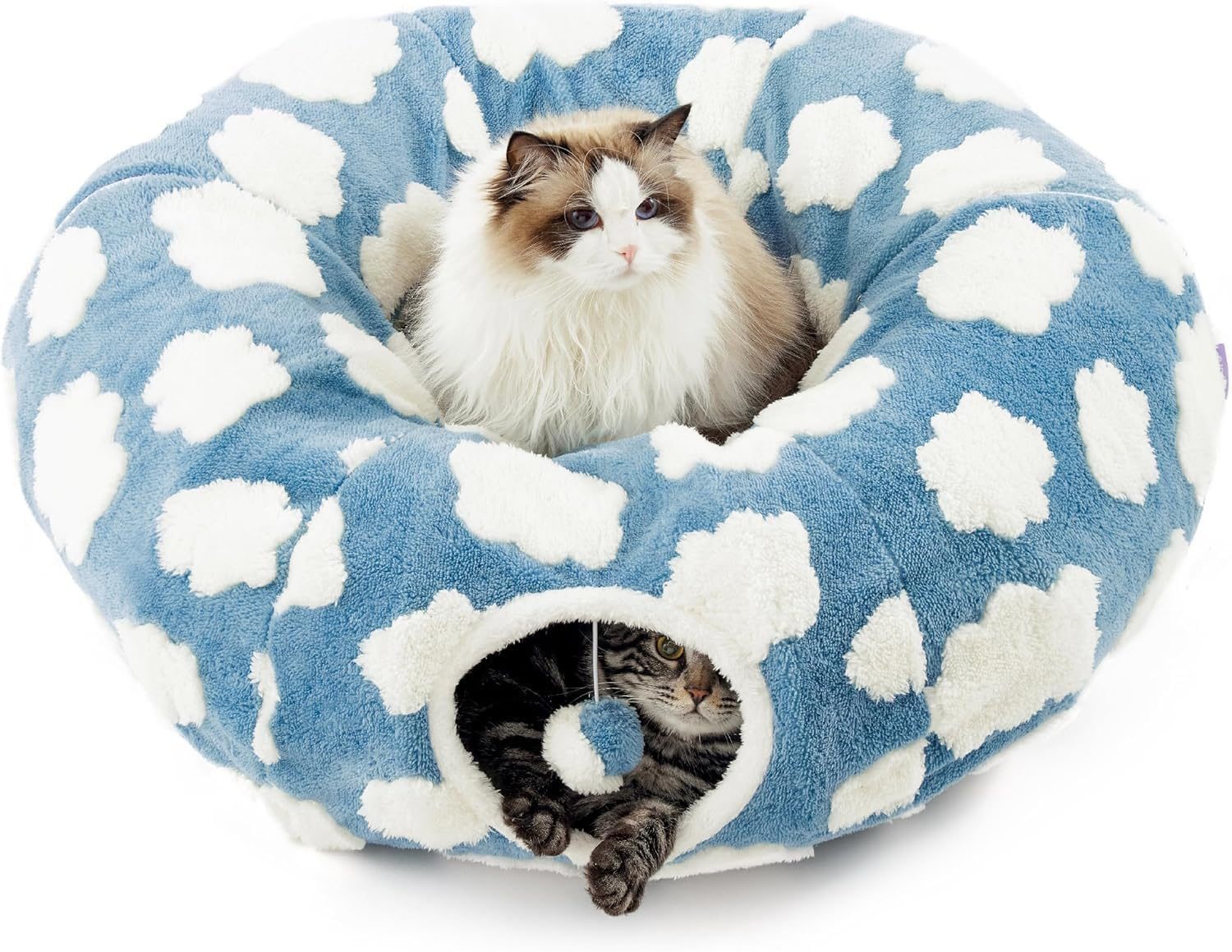 QYINXIU Cat Tunnel Bed, Cute Cat Donut Tunnel with Washable Circle Cushion, round Pet Play Tunnel Toy for Kitten, Dog, Rabbit (Blue)