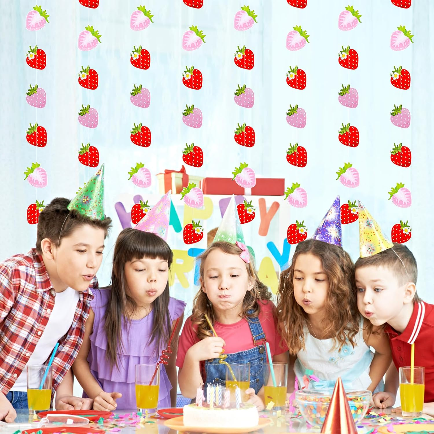 8Pcs Strawberry Banners, Red Pink Strawberry Hanging Banner Strawberry Banner Garland Strawberry Party Decorations for Birthday Party Baby Shower Party Decorations image number 4