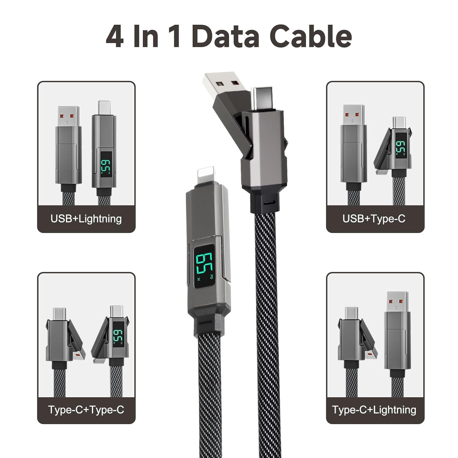 Havenease- 65W 4-In-1 Fast Charging Cable with LED Display USB C to Lightning and USB a Cable Compatible with Iphone 16 15 Pro Max Galaxy S23 Ipad Macbook Air 1.5M image number 6