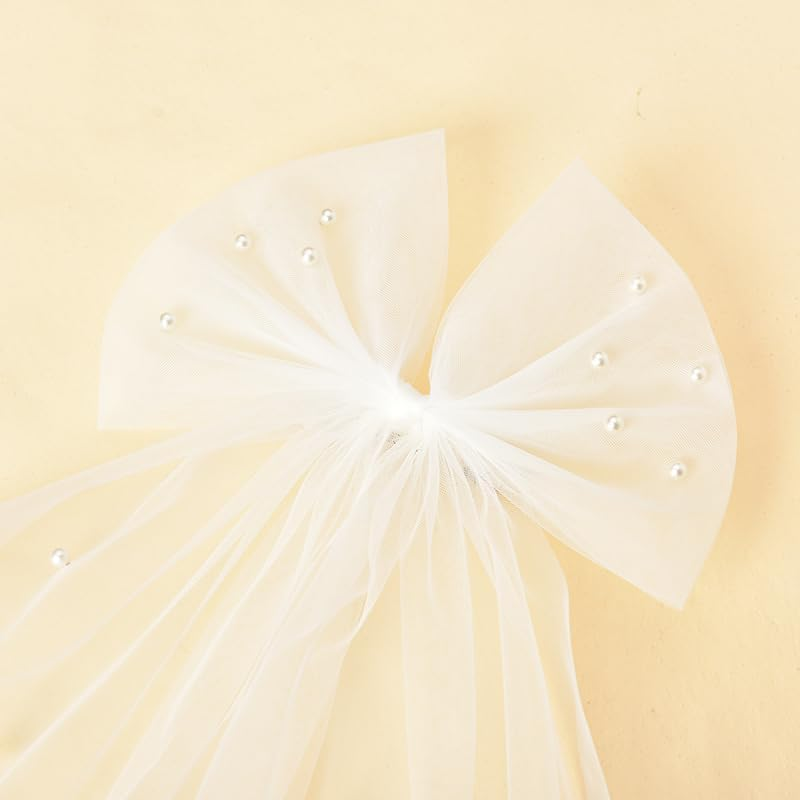 Hair Bow Veil Clip for Brides - White Bridal Veil with Pearls, Barrettes, Hair Clips - Wedding, Bridal Shower, Bachelorette Party Decorations - Bride Bridesmaid Hair Accessories