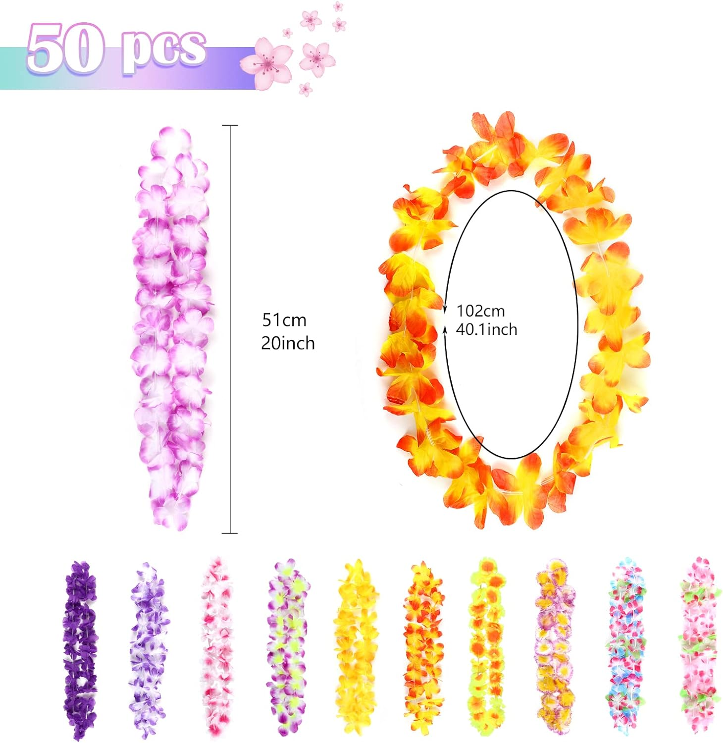 GWHOLE 50 PCS Hawaiian Leis Necklace Tropical Flower Necklace Garlands for Hawaiian Luau Party Decoration image number 3