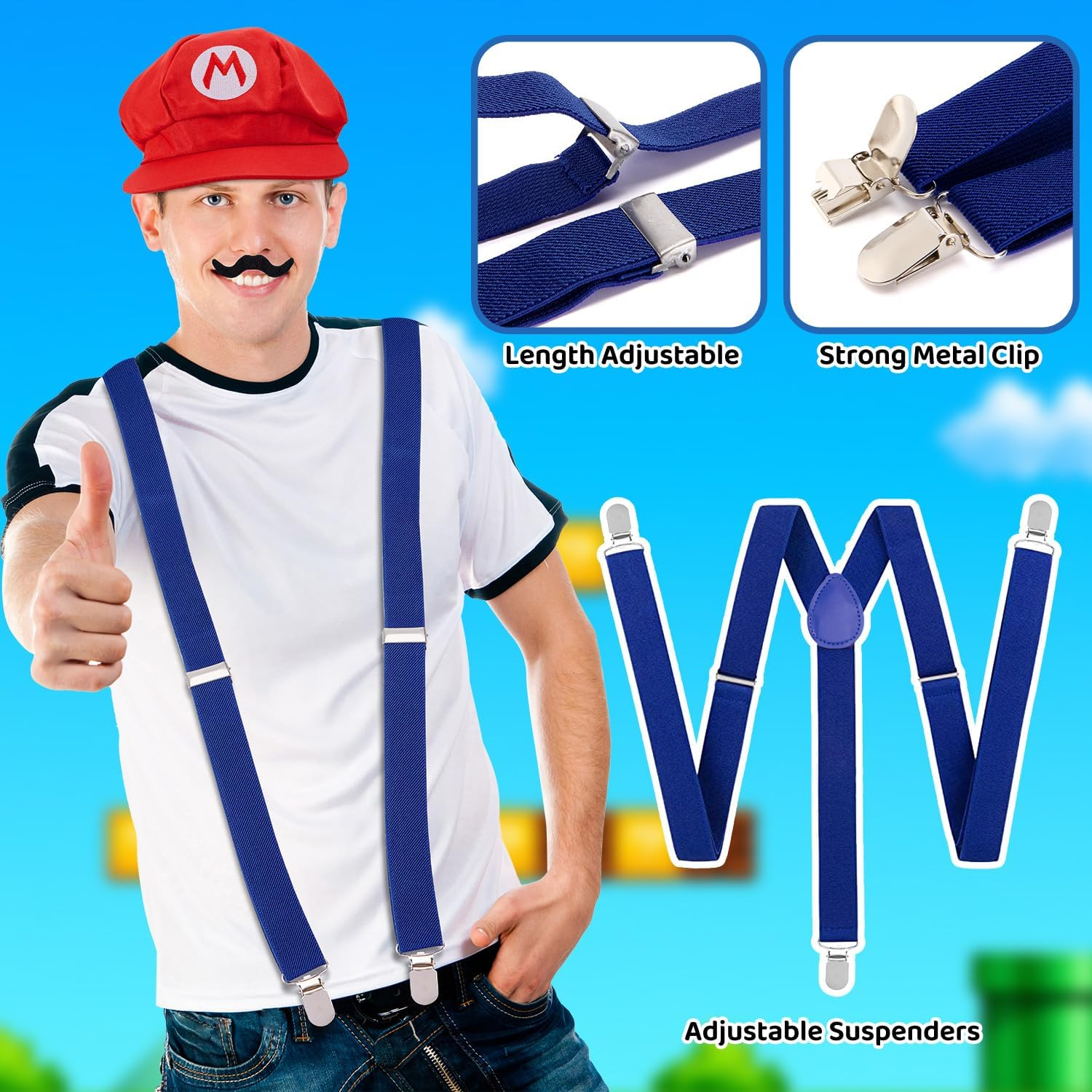 WOTOW Super Brother Costume Accessories Set - Adult Video Game Role Cosplay with Hat Gloves Moustache Buttons Suspenders Fancy Outfit for Dress up Party Supplies Halloween Party Cosplay image number 1